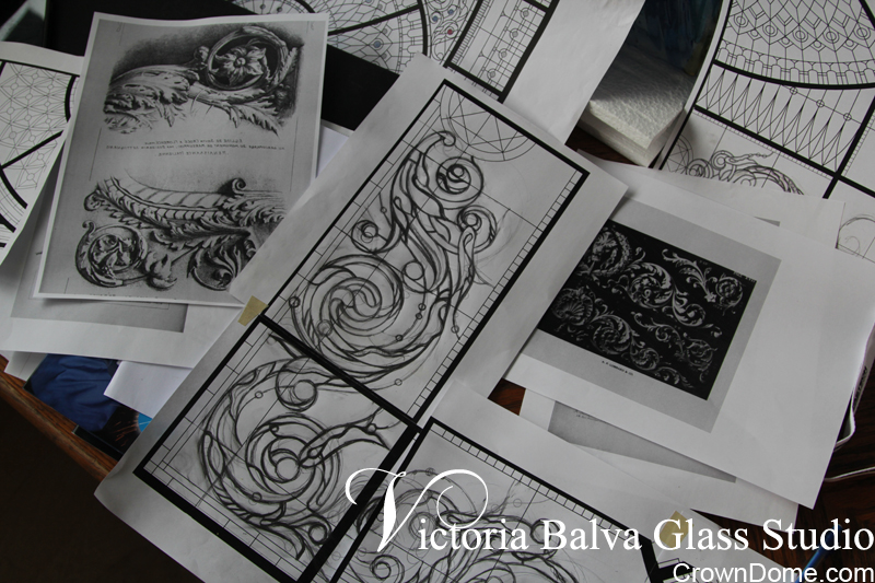 hand drawing sketches of acanthus design elements for a leaded glass ceiling