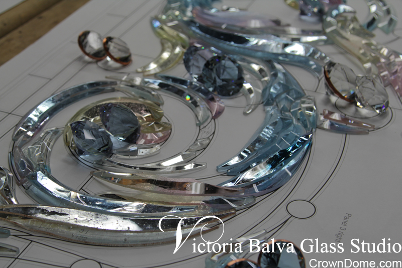 Custom hand bevelled glass for the large leaded glass dome