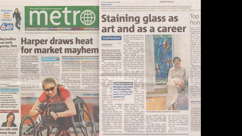 Artistic Line Studio has been featured in Metro global newspaper Staining Glass as Art and as Career by Eric Wood Artistic Line Studio has been featured in Metro global newspaper Staining Glass as Art and as Career by Eric Wood