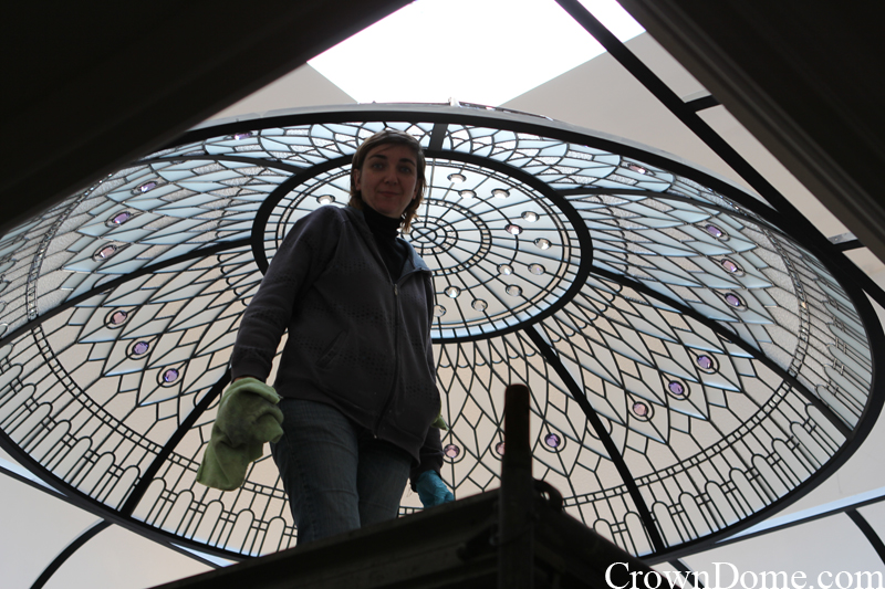stained and leaded glass decorative dome installation progress