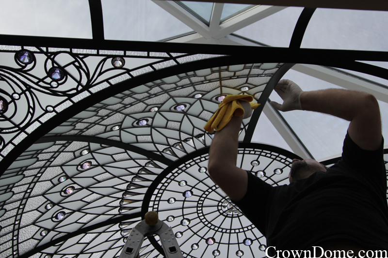 glass panels installation of a large leaded glass dome
