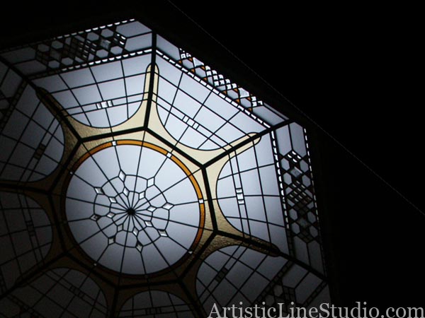 stained and leaded decorative glass octagon domed skylight with beveled glass