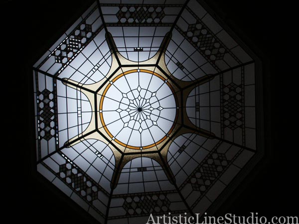 stained and leaded glass octagon domed skylight with beveled glass
