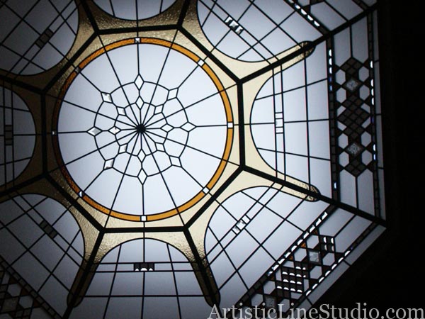 stained and leaded glass octagon domed skylight with beveled glass