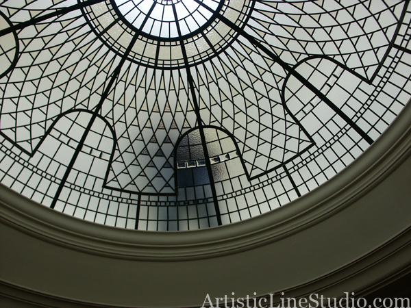 stained and leaded glass dome with custom jewels andbeveled glass