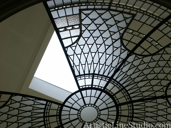 stained and leaded glass dome with custom jewels andbeveled glass