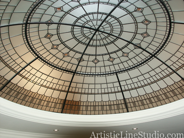 stained and leaded glass dome with clear acid etched glass, jewels and beveled glass, 12 feet diameter