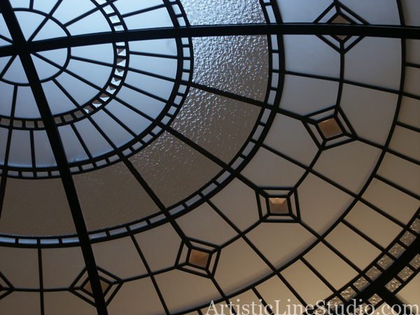 stained and leaded glass dome with jewels and beveled glass center detail