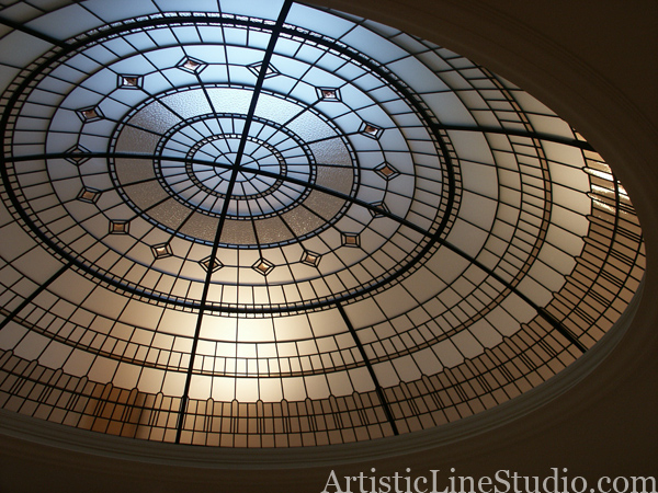 stained and leaded glass dome with jewels and beveled glass detail clear textured glasses