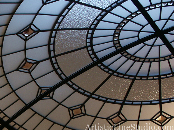 stained and leaded glass dome with jewels and beveled glass overall interior view