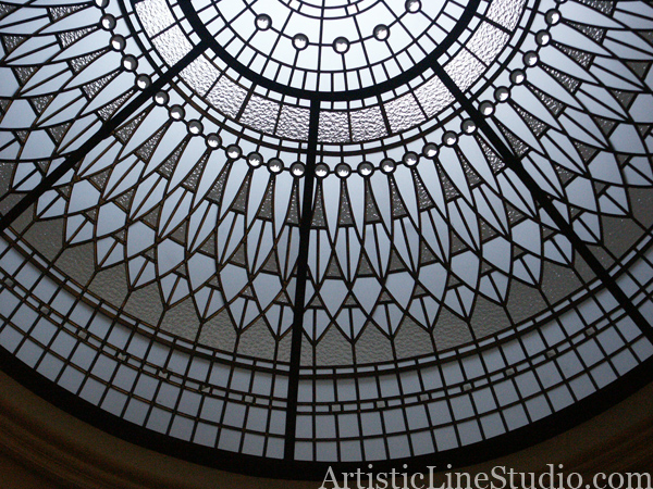 architectural glass comission of stained and leaded glass dome with jewels and beveled glass