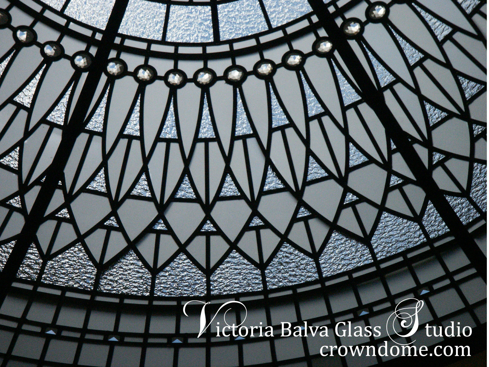 8 feet diameter stained and leaded glass dome with jewels and beveled glass
