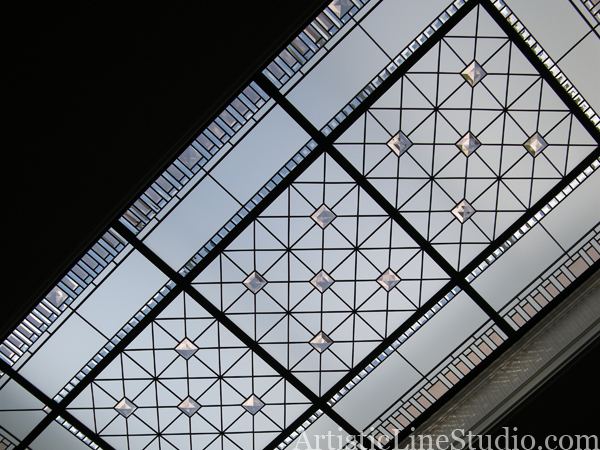 stained and leaded glass skylight with custom made jewels