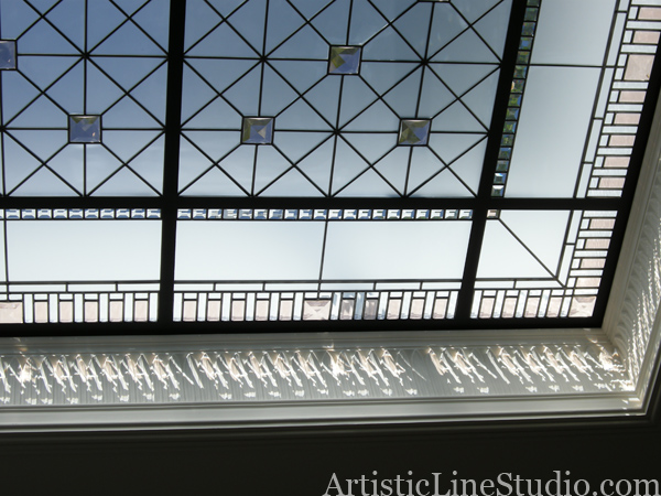stained and leaded glass skylight with custom made jewels