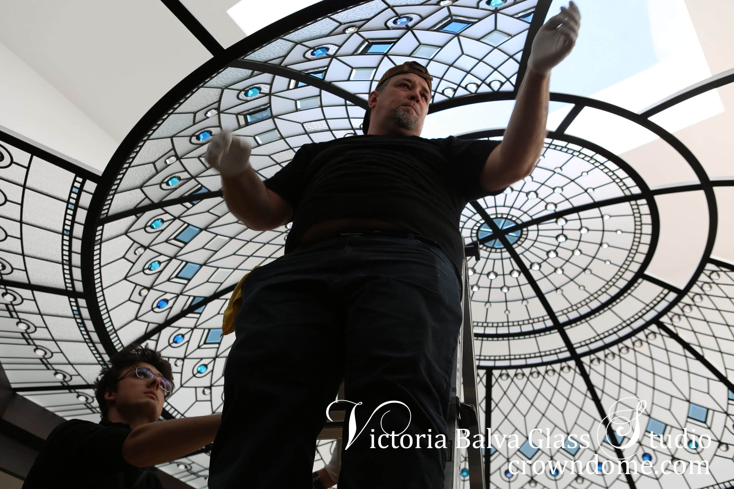 stained and leaded glass skylight with custom made jewels