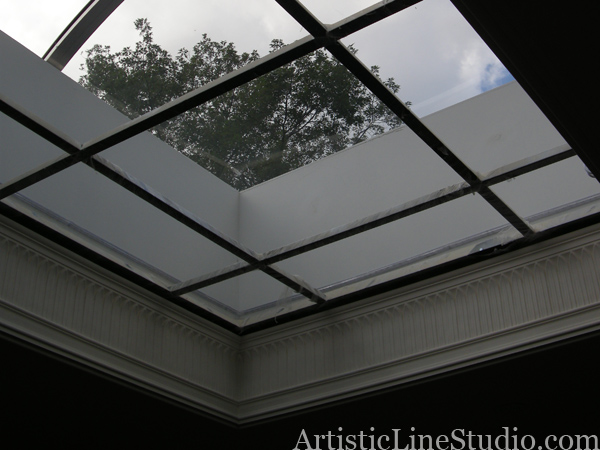 stained and leaded glass skylight with custom made jewels