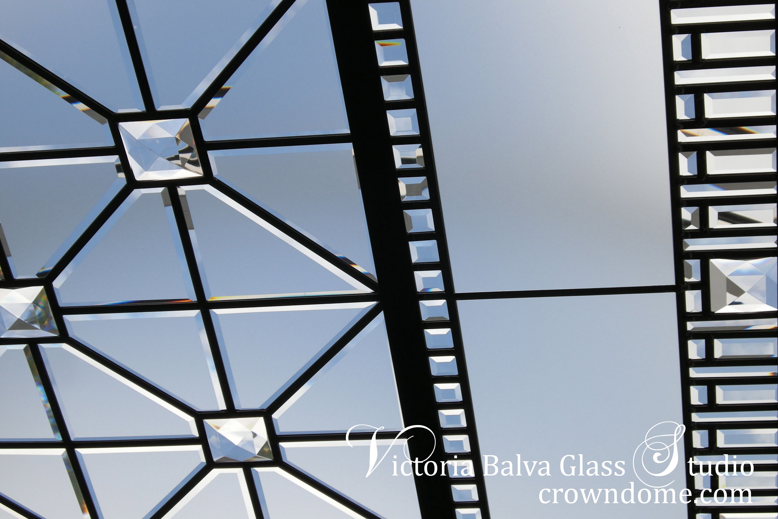 stained and leaded decorative glass skylight with custom made beveled glass and jewels