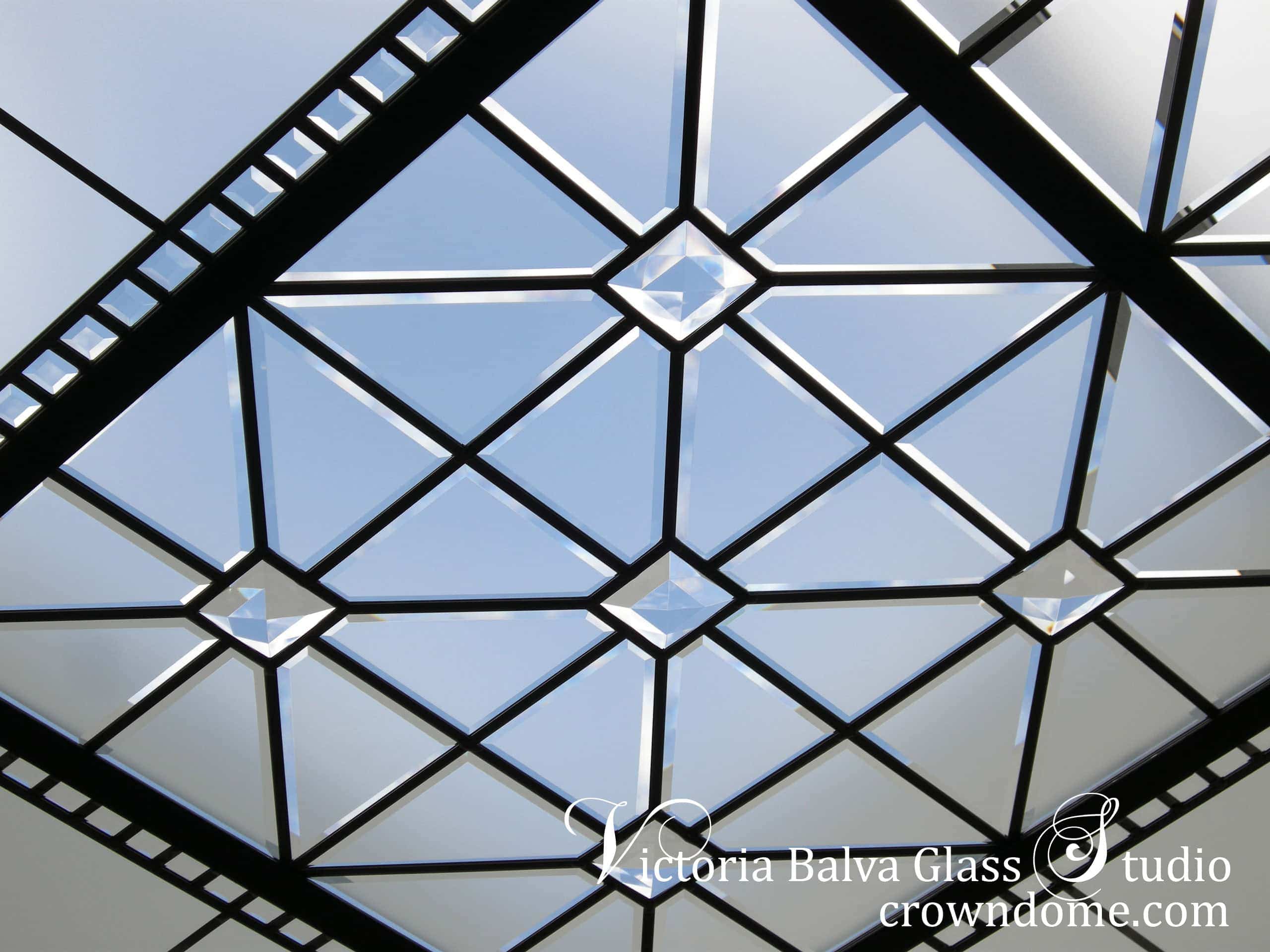 stained and leaded glass skylight with custom jewels and beveled glass