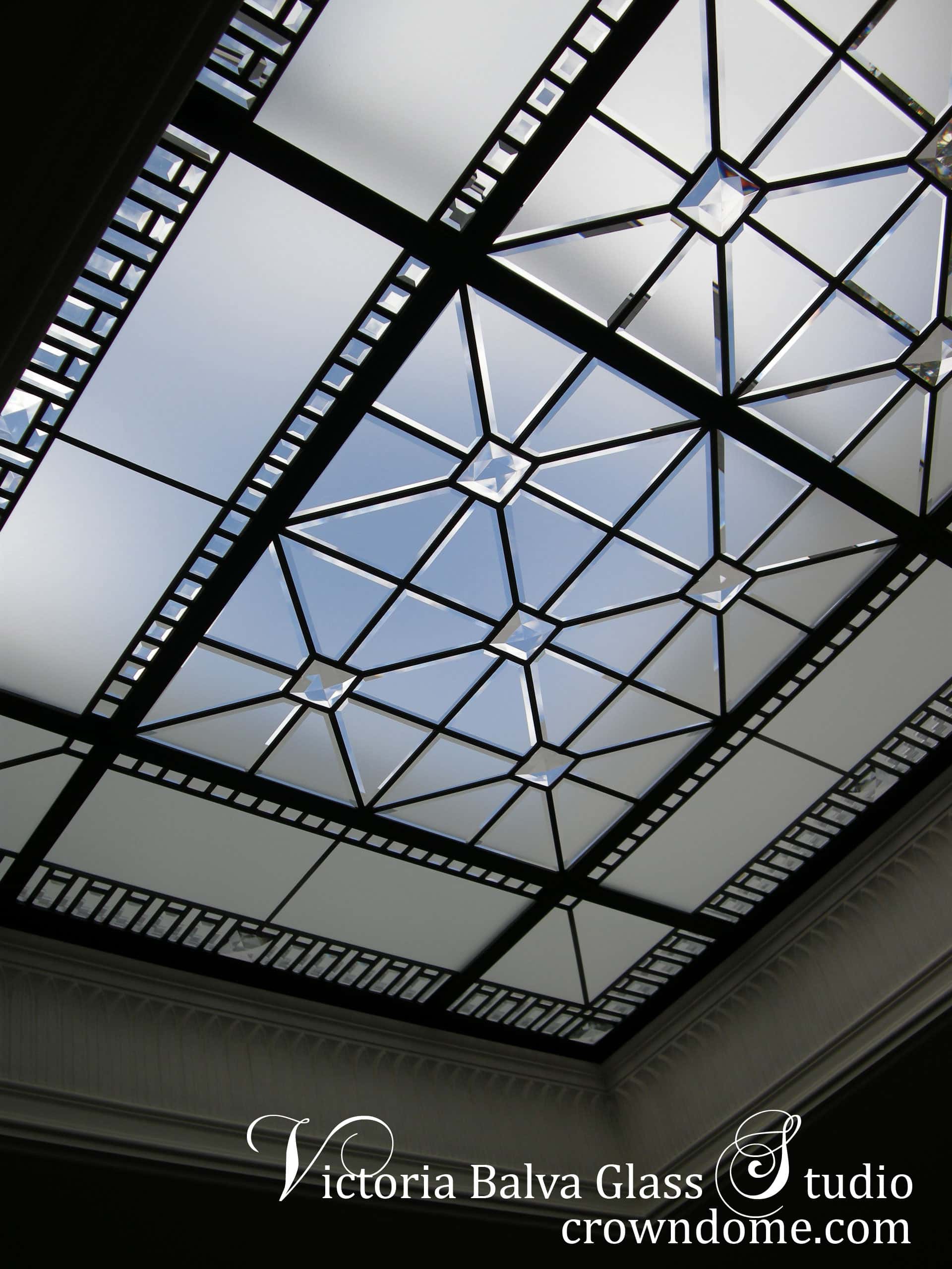 stained and leaded glass skylight with custom jewels and beveled glass
