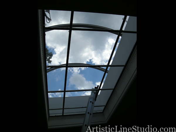 stained and leaded glass skylight with custom jewels and beveled glass