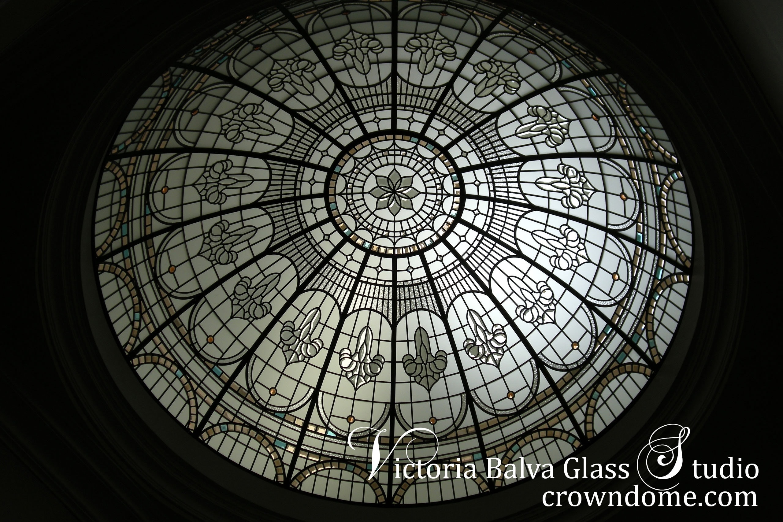 stained and leaded glass dome with colored beveled glass and jewels