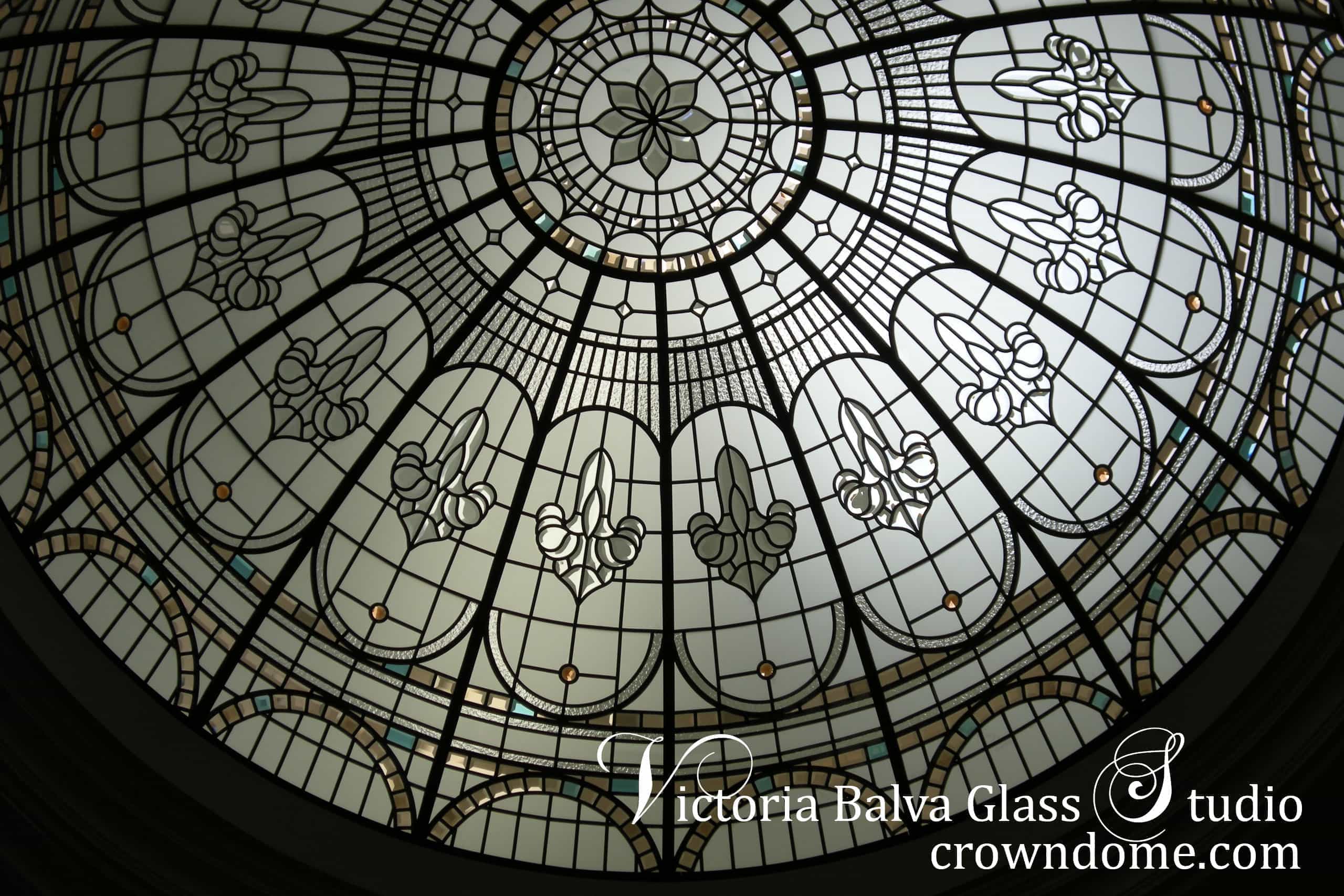 stained and leaded glass dome with colored beveled glass and jewels