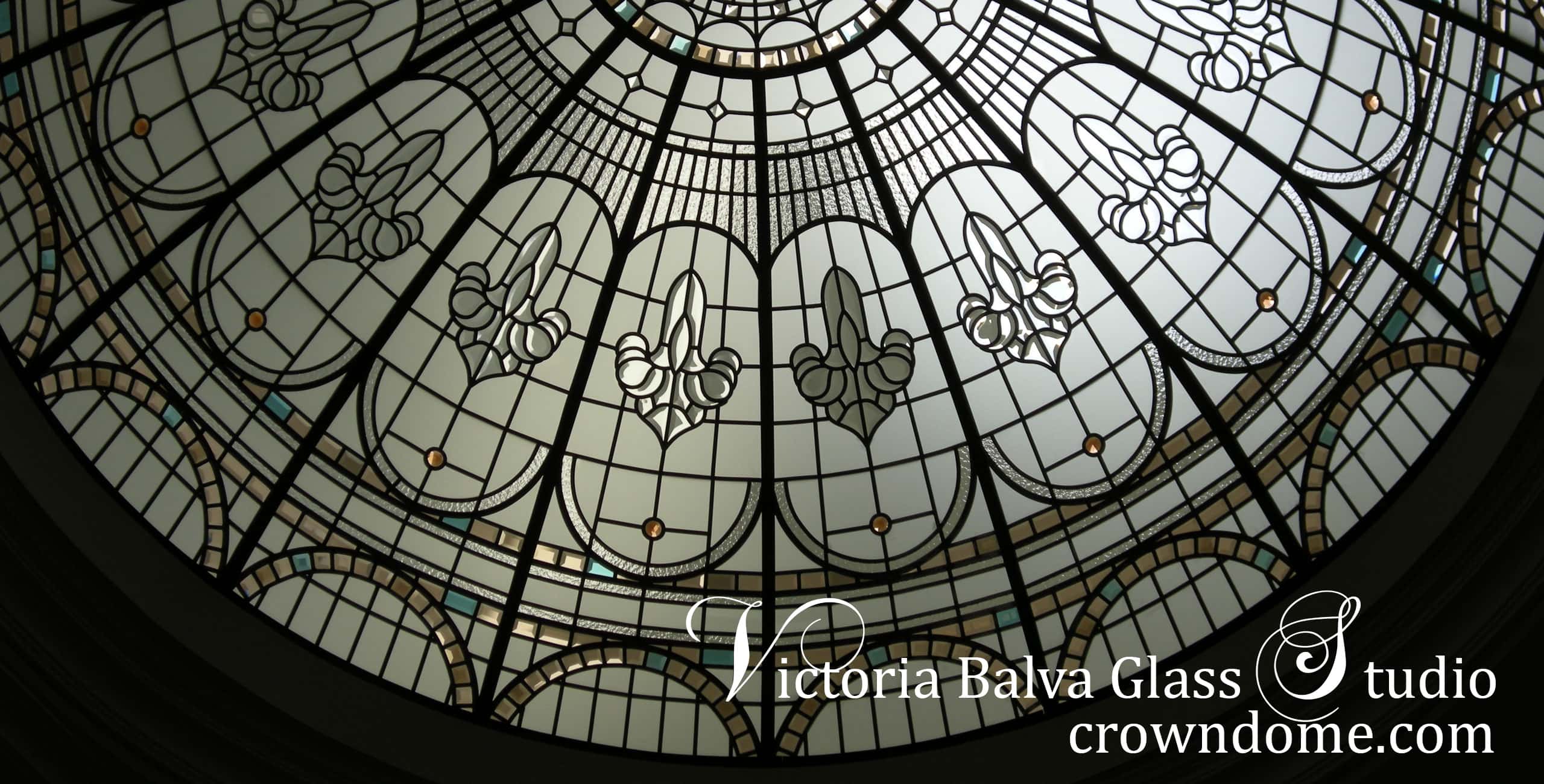 stained and leaded glass dome with colored beveled glass and jewels