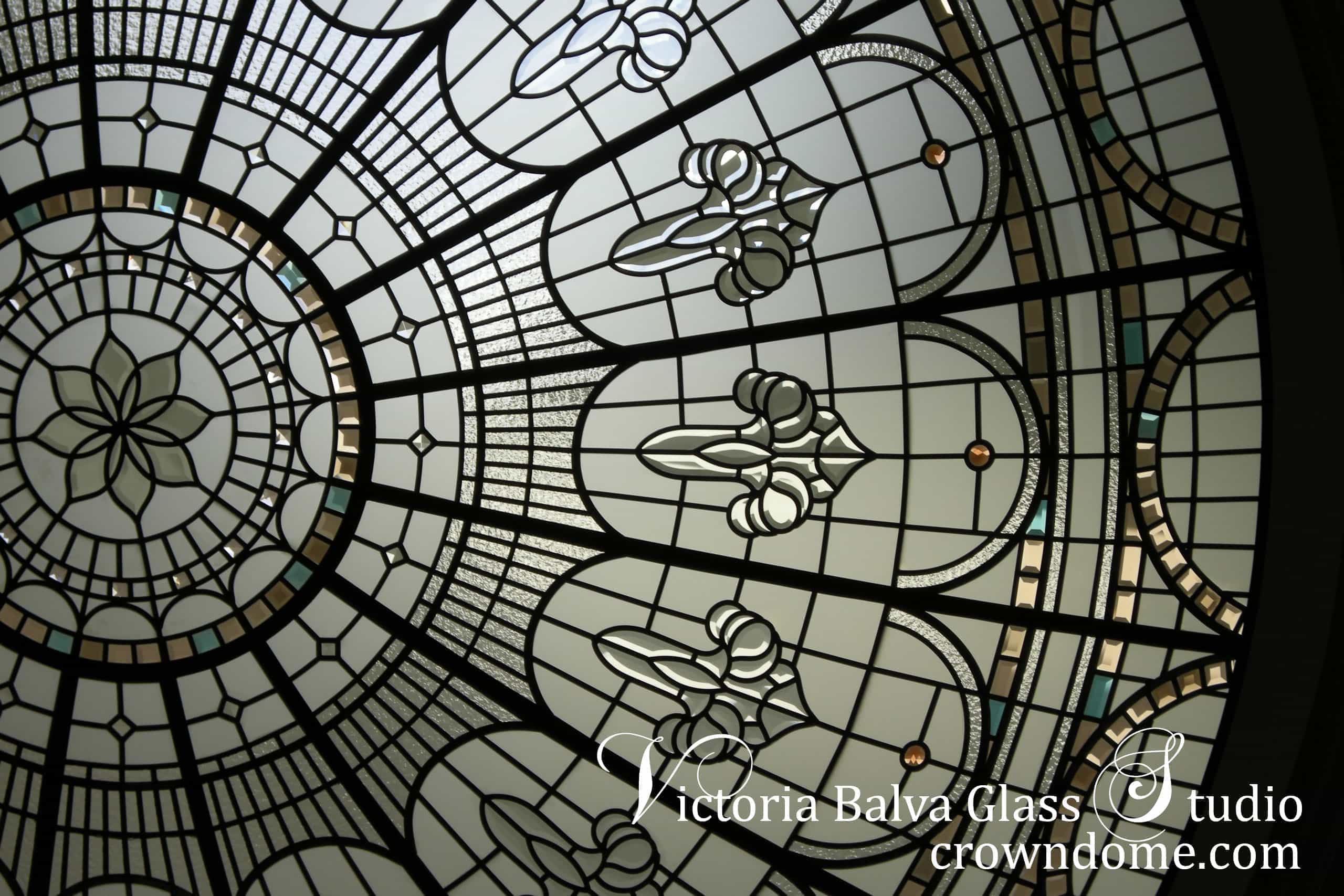 stained and leaded glass dome with colored beveled glass and jewels