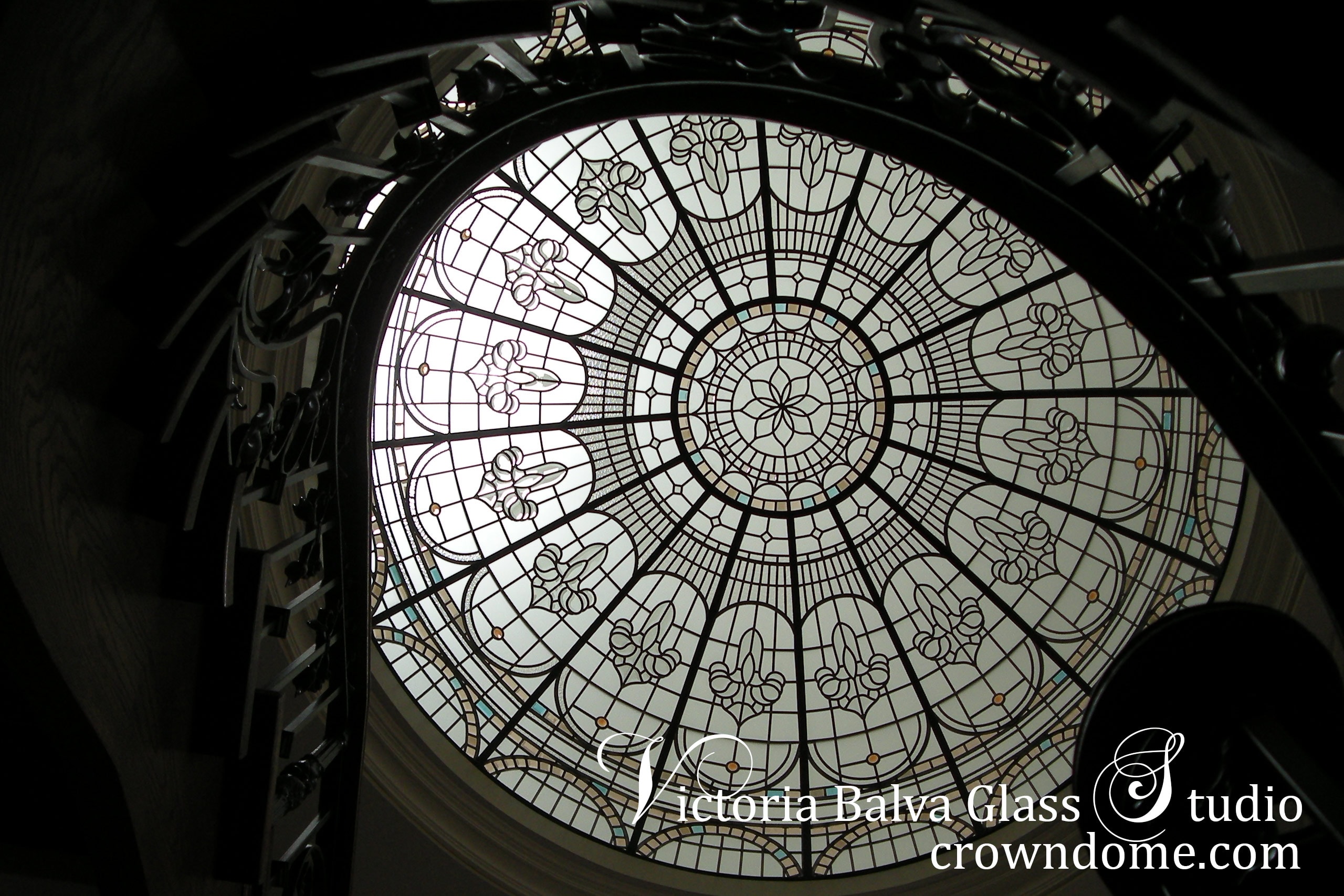 stained and leaded glass dome with colored beveled glass and jewels