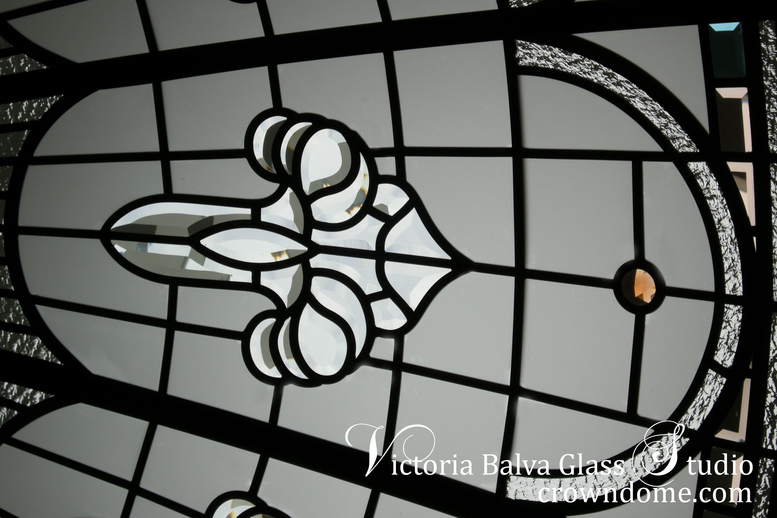 stained and leaded glass dome with colored beveled glass and jewels