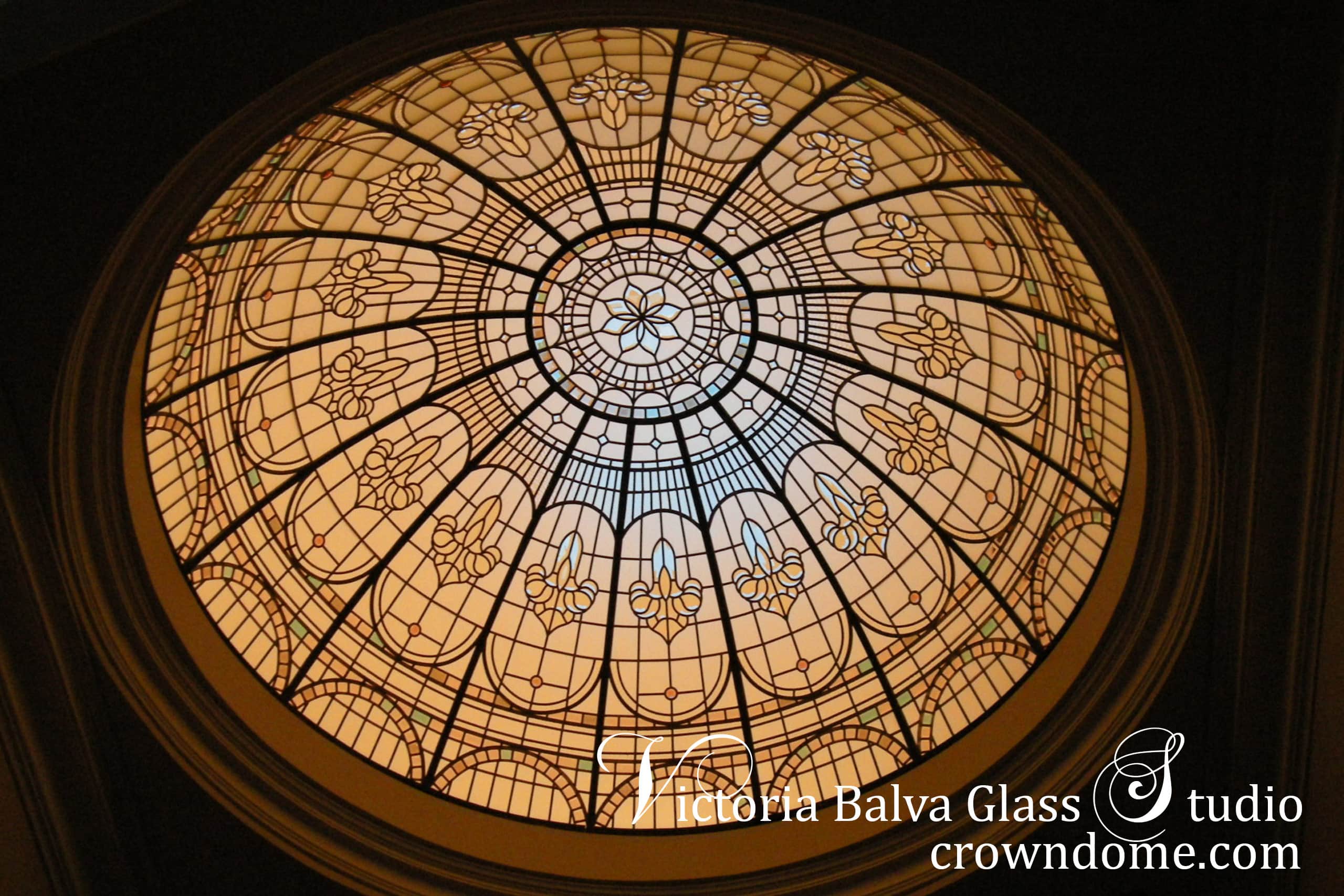 stained and leaded glass dome with colored beveled glass and jewels