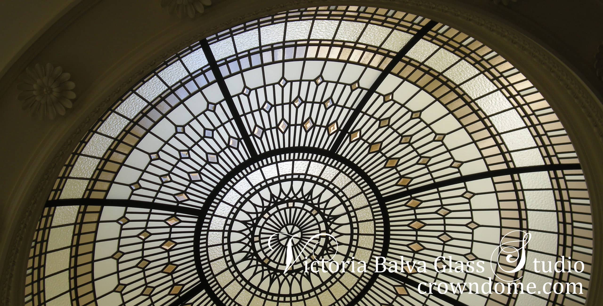 stained and leaded decorative glass dome with colored beveled glass