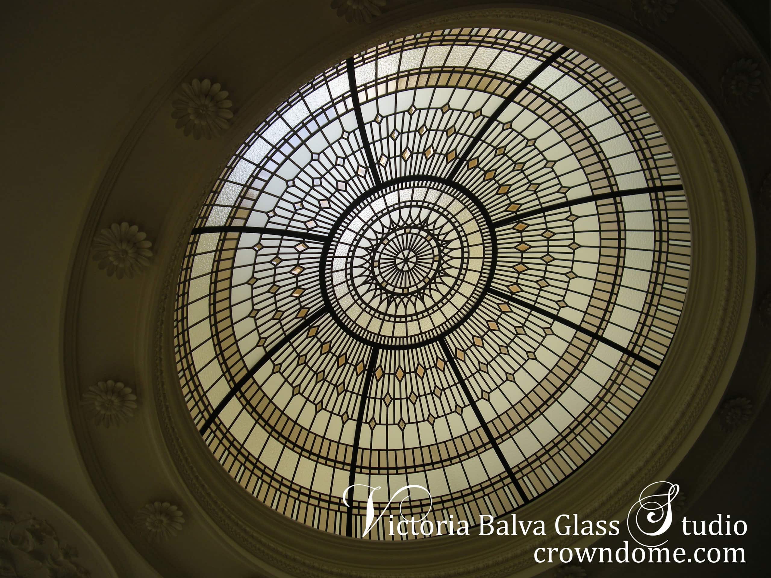 stained and leaded glass domed skylight with colored beveled glass