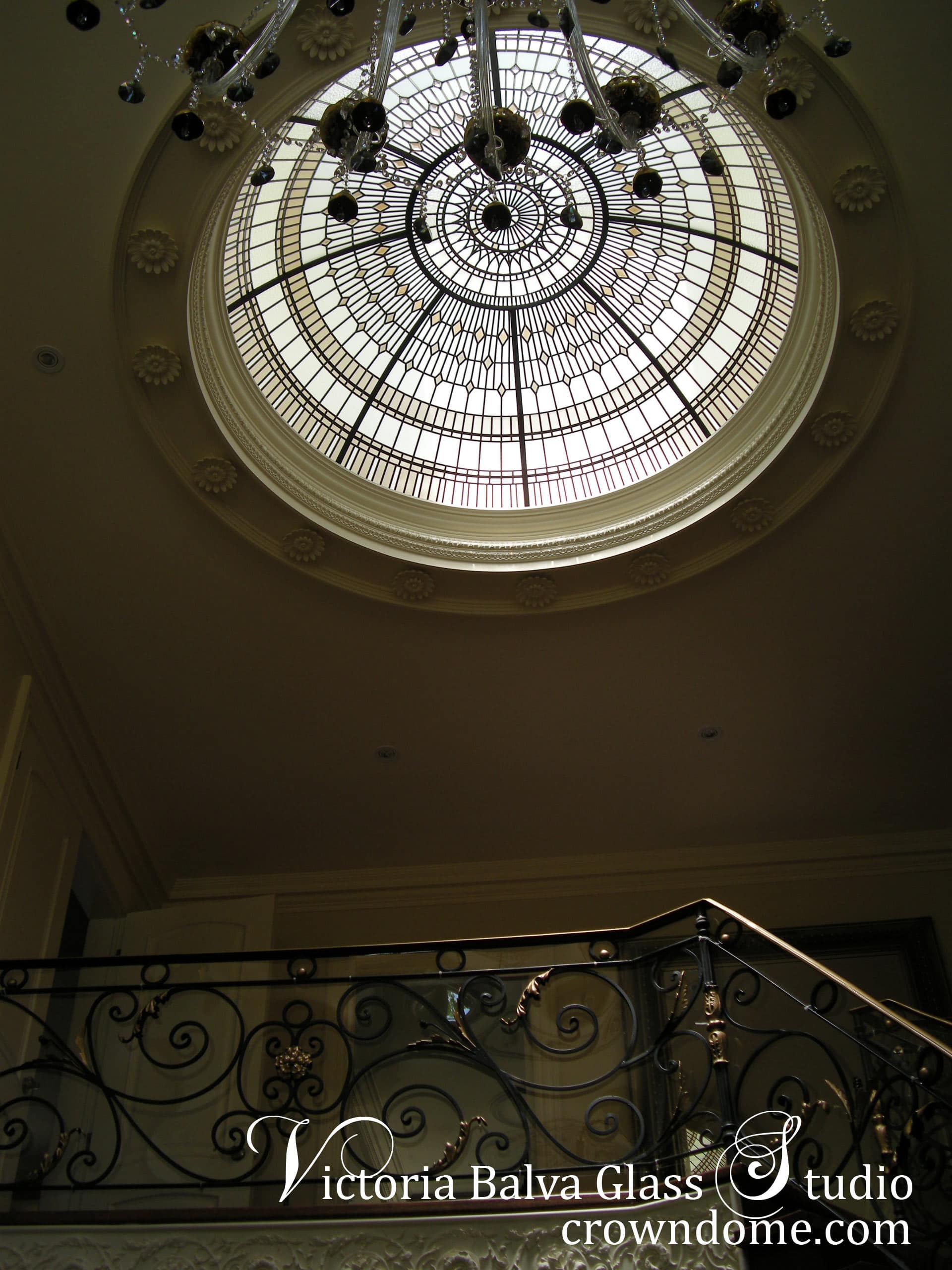 stained and leaded glass domed skylight with colored beveled glass