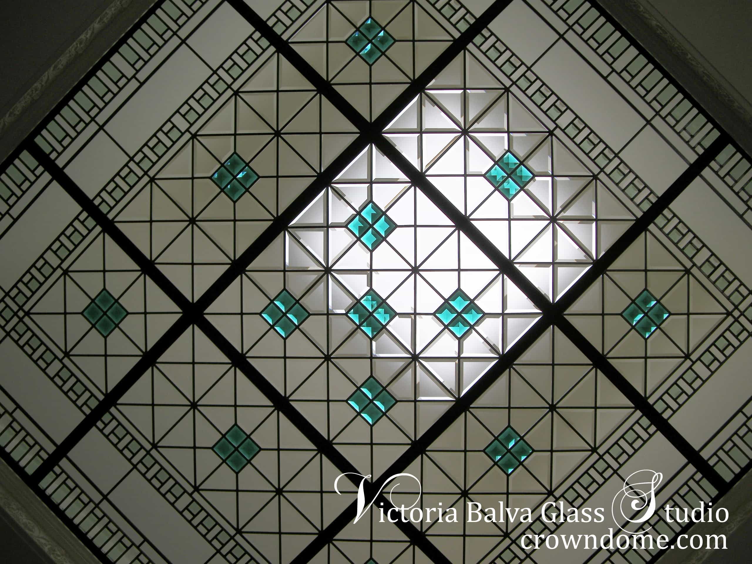 stained and leaded glass flat skylight with colored crystals and beveled glass