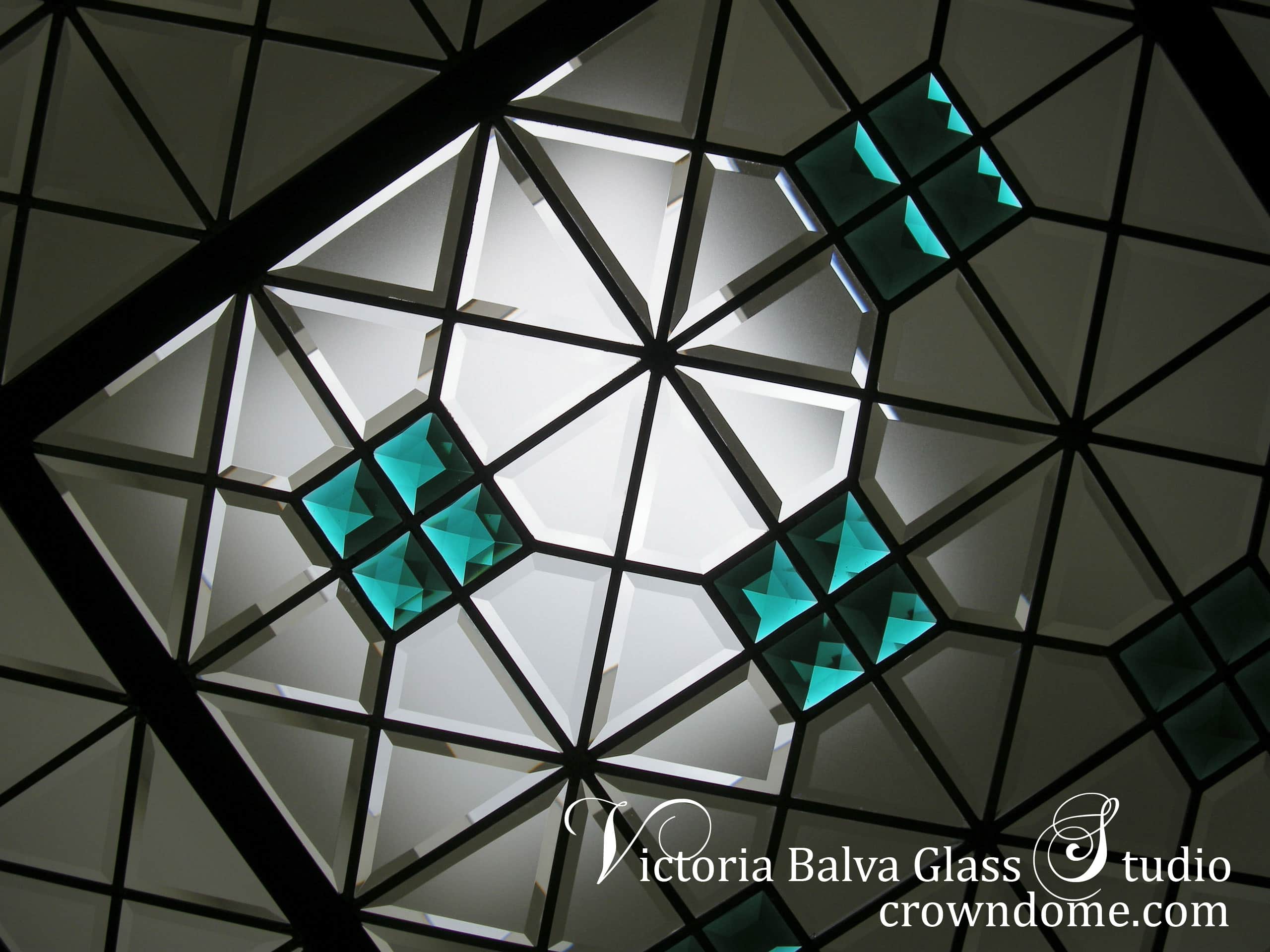 stained and leaded glass flat skylight with colored crystals and beveled glass