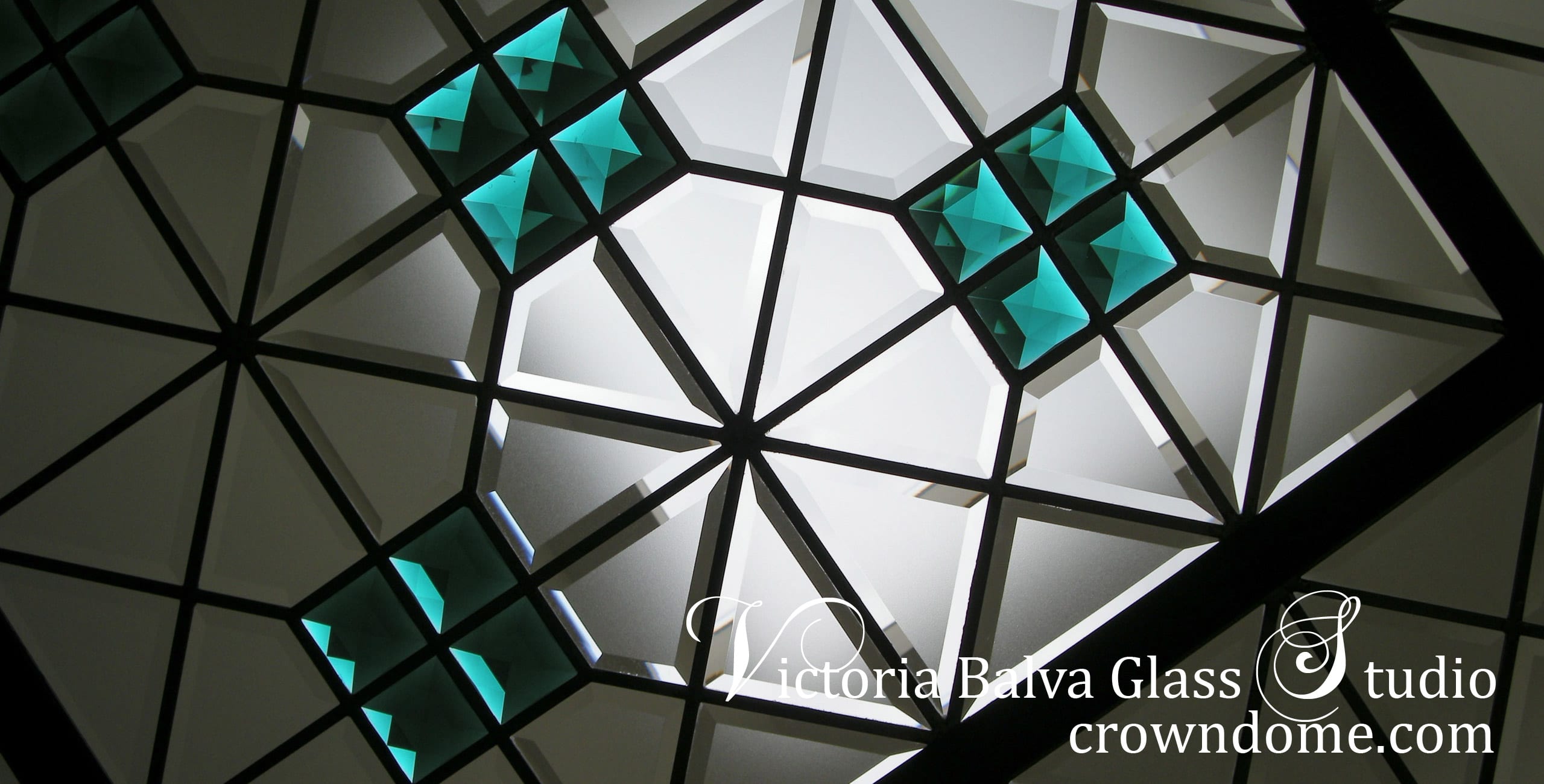 stained and leaded glass flat skylight with colored crystals and beveled glass