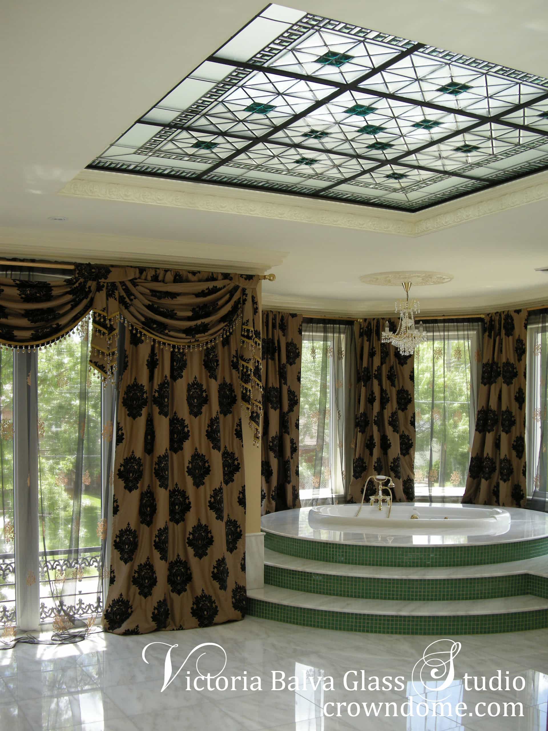 stained and leaded glass flat skylight with colored crystals and beveled glass