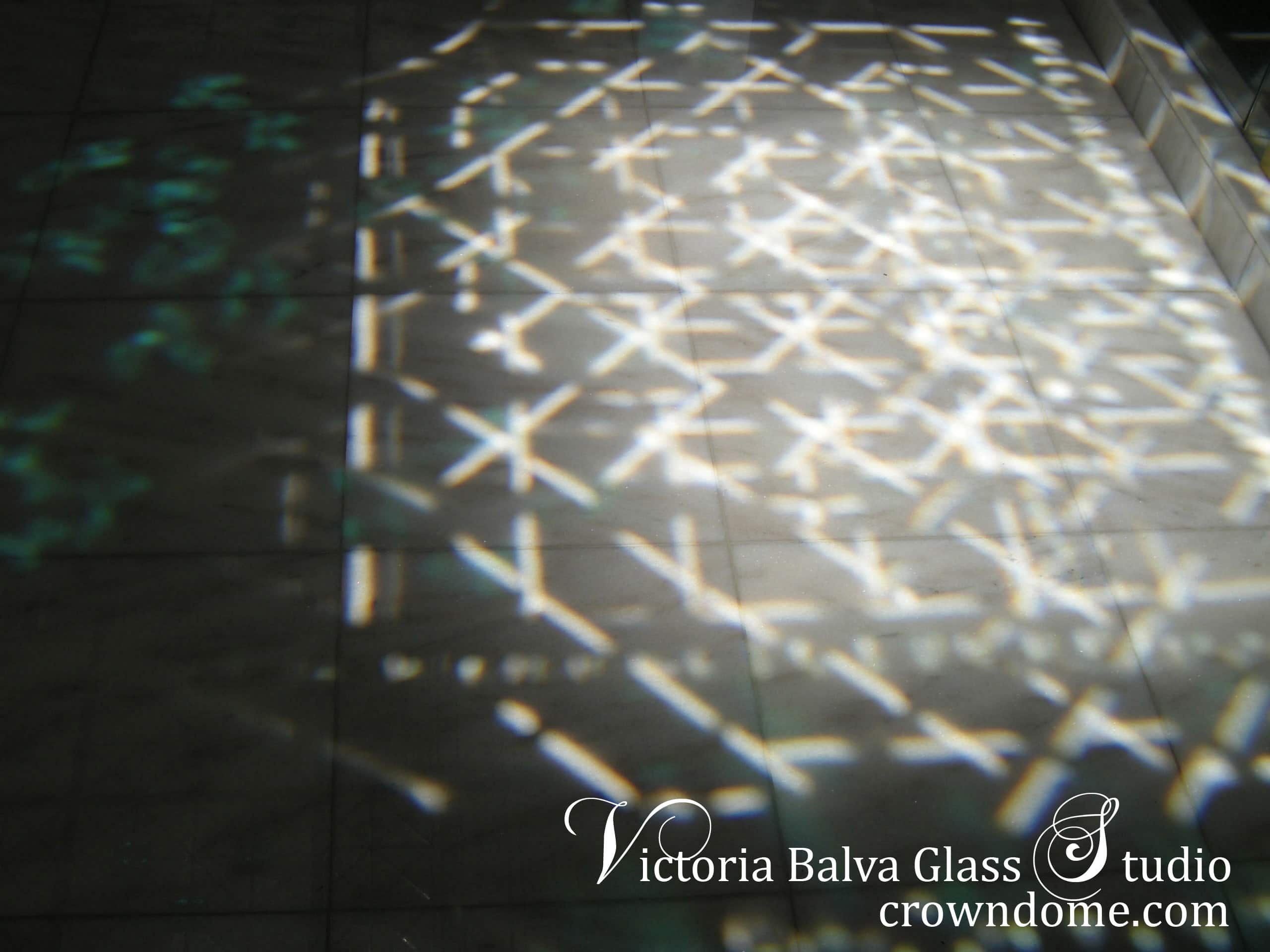 stained and leaded glass flat skylight with colored crystals and beveled glass