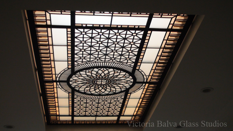 English Manor style decorative glass skylight. View from the second floor in perspective distortion