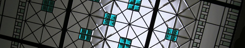 stained and leaded glass skylight ceiling with crystals and beveled glass